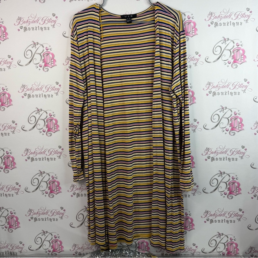 U2B long cardigan sweater open front waterfall Multicolor Striped Cardigan